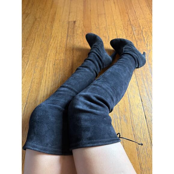 Stuart Weitzman Boots Womens Size 8.5 Black Suede Over The Knee Tie Back Heel - Picture 8 of 9